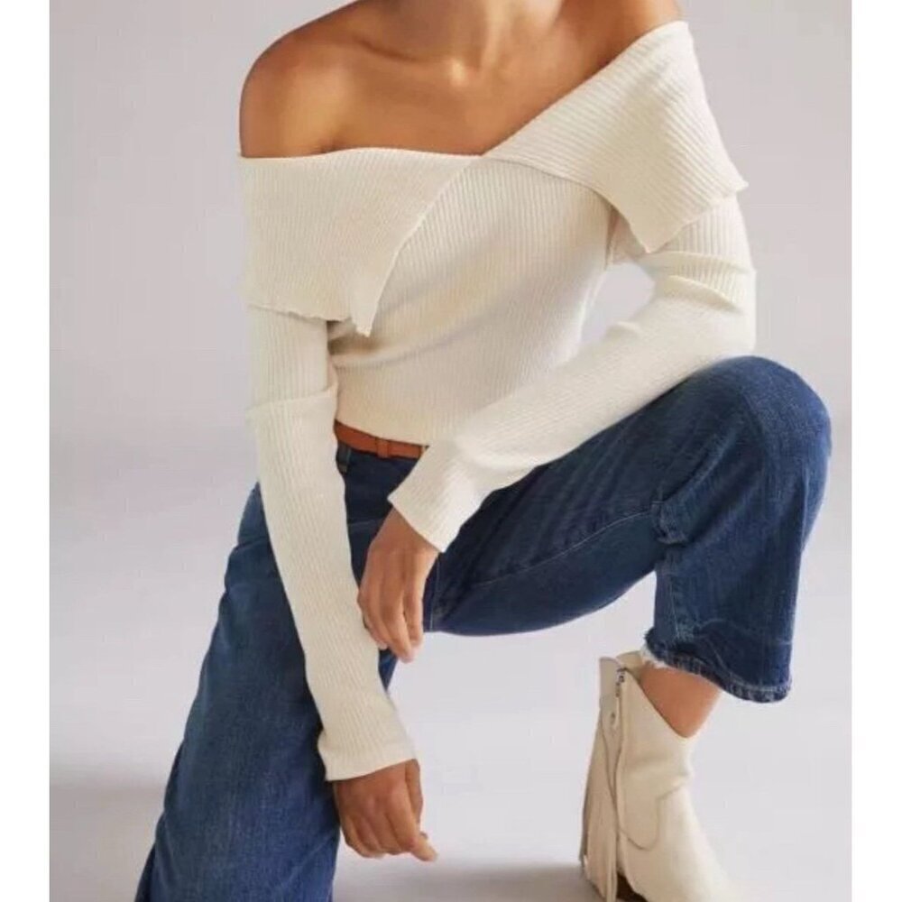 New Anthropologie Collared Off The Shoulder Ribbed Top Medium Ivory - Picture 1 of 9
